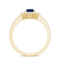 Pear-shaped blue sapphire and diamond half halo engagement ring from Rosec Jewels with 0.5 carat center stone.