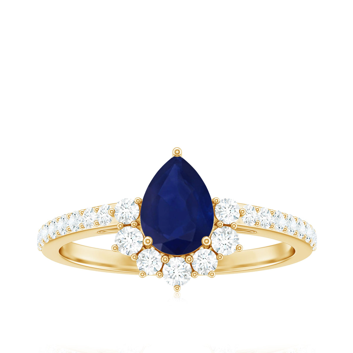 Pear-shaped blue sapphire and diamond half halo engagement ring featuring 0.5 carats from Rosec Jewels, showcasing intricate design and sparkle.