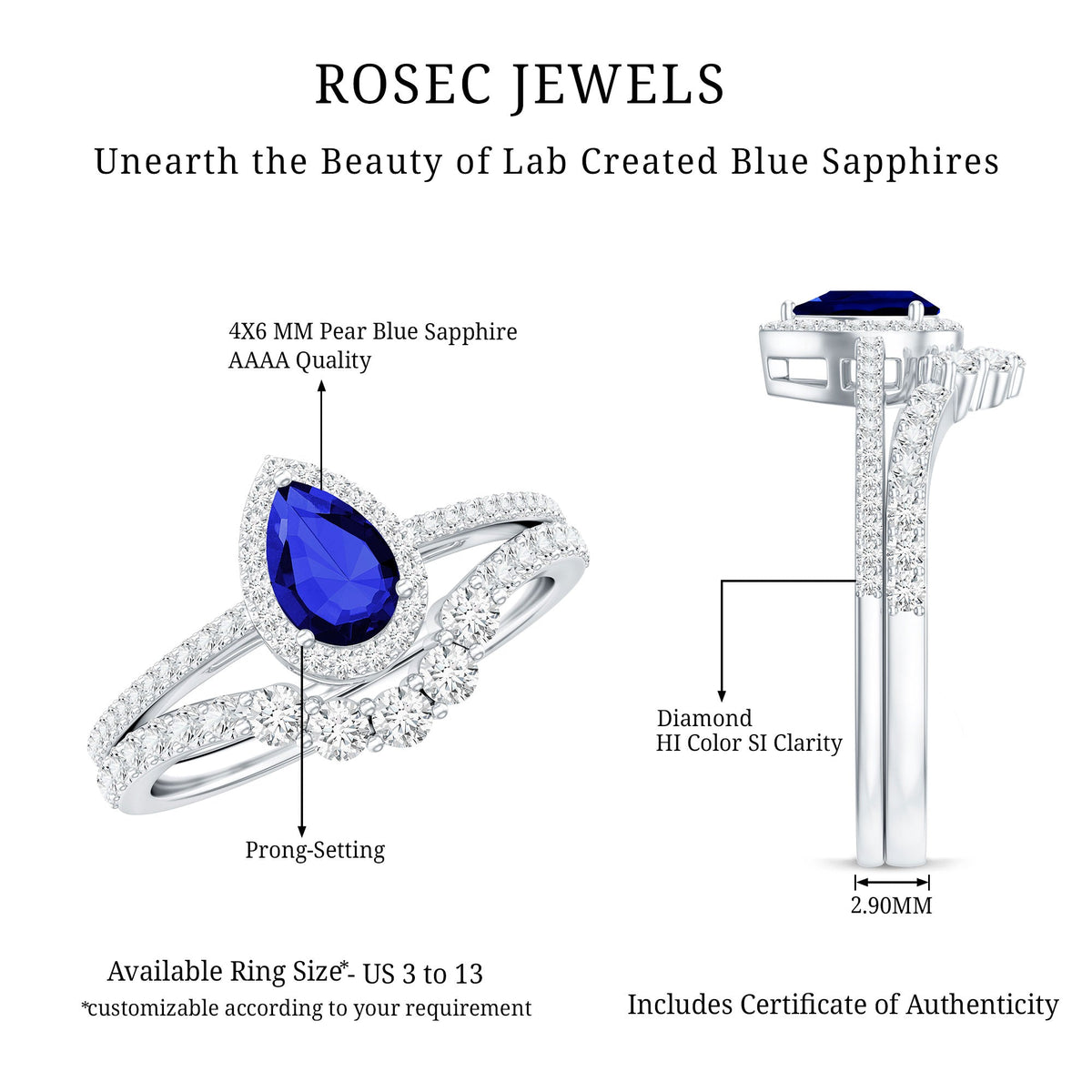 Blue sapphire and diamond pear-shaped engagement ring set by Rosec Jewels with intricate band design and sparkling gemstones.