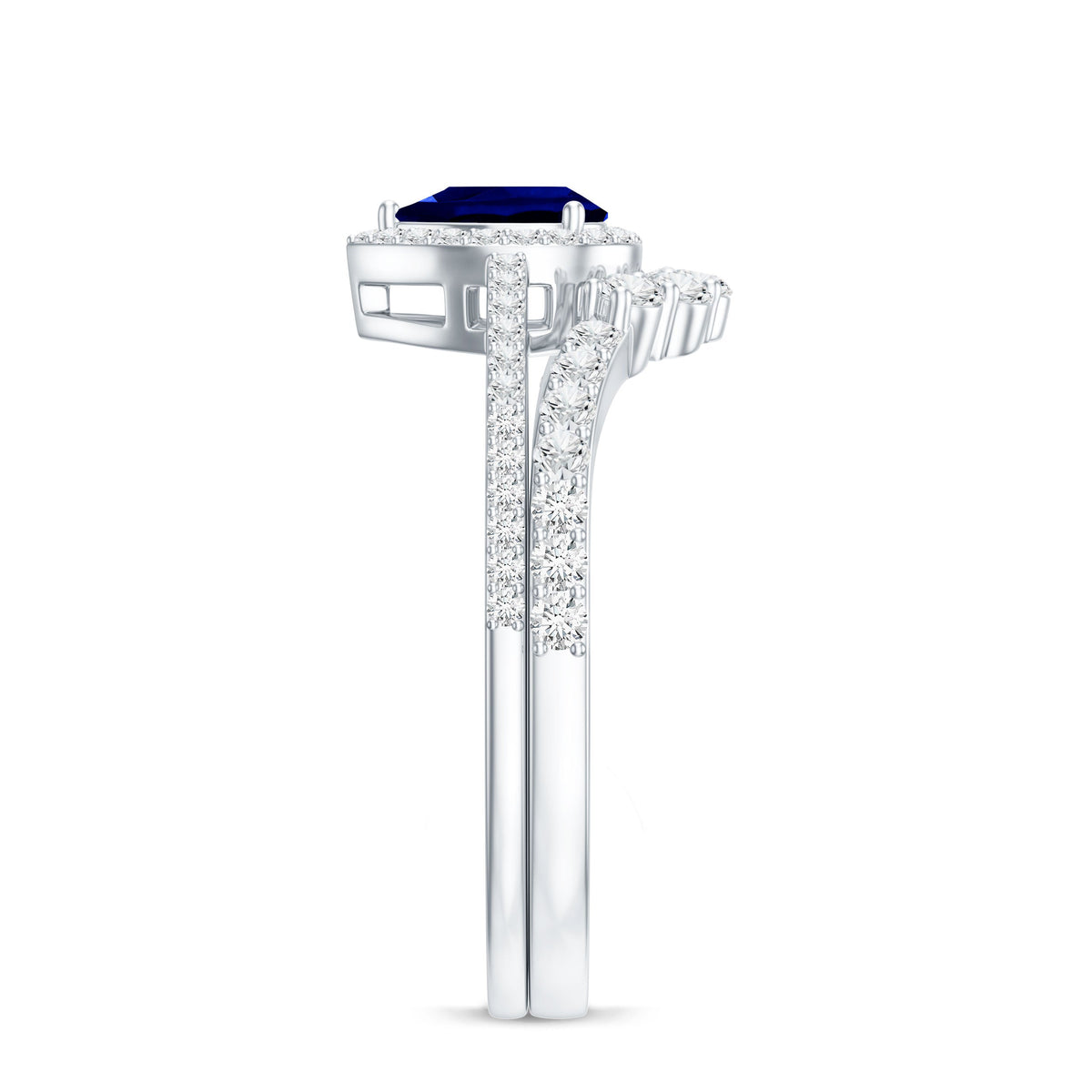 Pear-shaped blue sapphire and diamond engagement ring set by Rosec Jewels, featuring a lab-grown blue sapphire centerpiece with diamond accents.