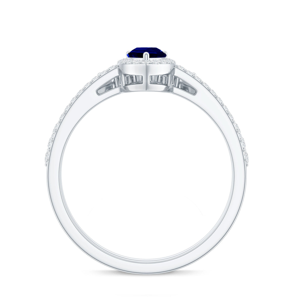 Blue sapphire and diamond pear-shaped engagement ring set by Rosec Jewels, featuring a sparkling lab-grown gemstone and elegant band.