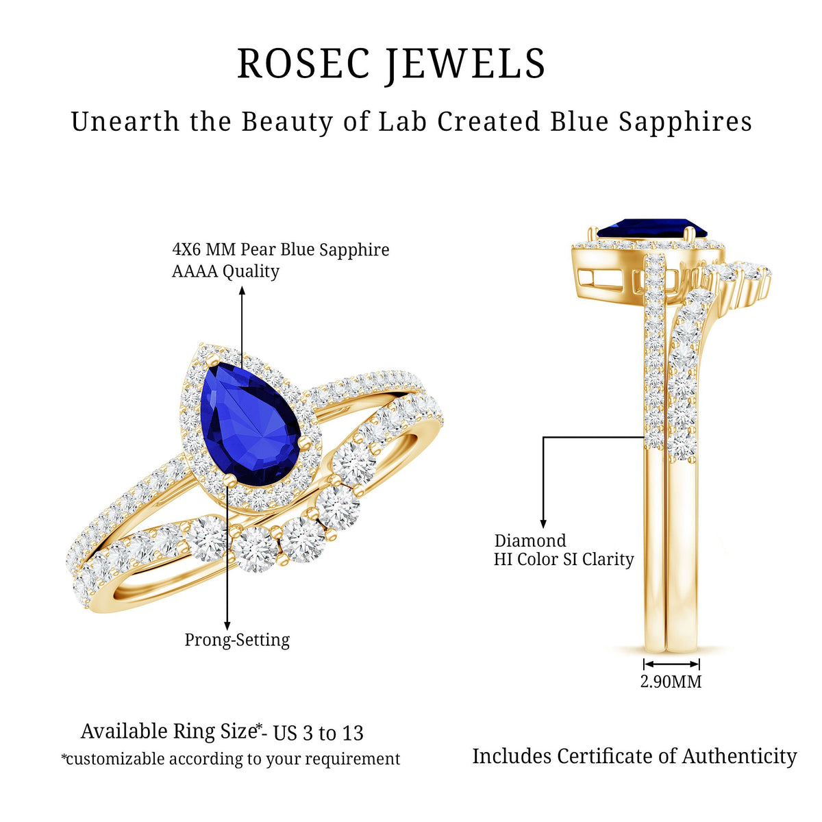 Pear-shaped blue sapphire and diamond engagement ring set from Rosec Jewels with intricate band details and sparkling gemstones.