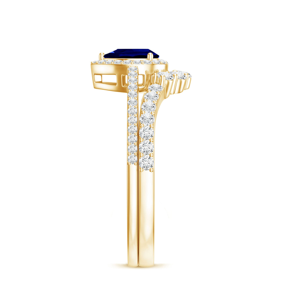 Pear-shaped blue sapphire and diamond engagement ring set featuring lab-grown gemstones with intricate band details.