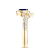 Pear-shaped blue sapphire and diamond engagement ring set featuring lab-grown gemstones with intricate band details.