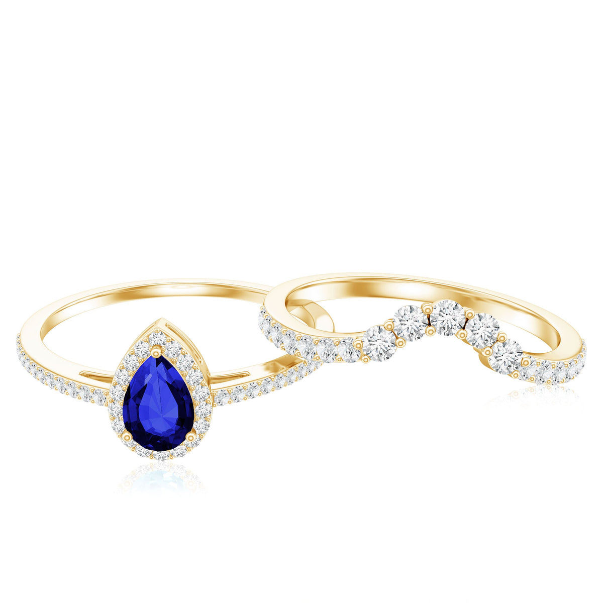 Pear-shaped blue sapphire and diamond engagement ring set from Rosec Jewels, featuring a lab-grown gemstone design.