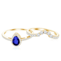 Pear-shaped blue sapphire and diamond engagement ring set from Rosec Jewels, featuring a lab-grown gemstone design.