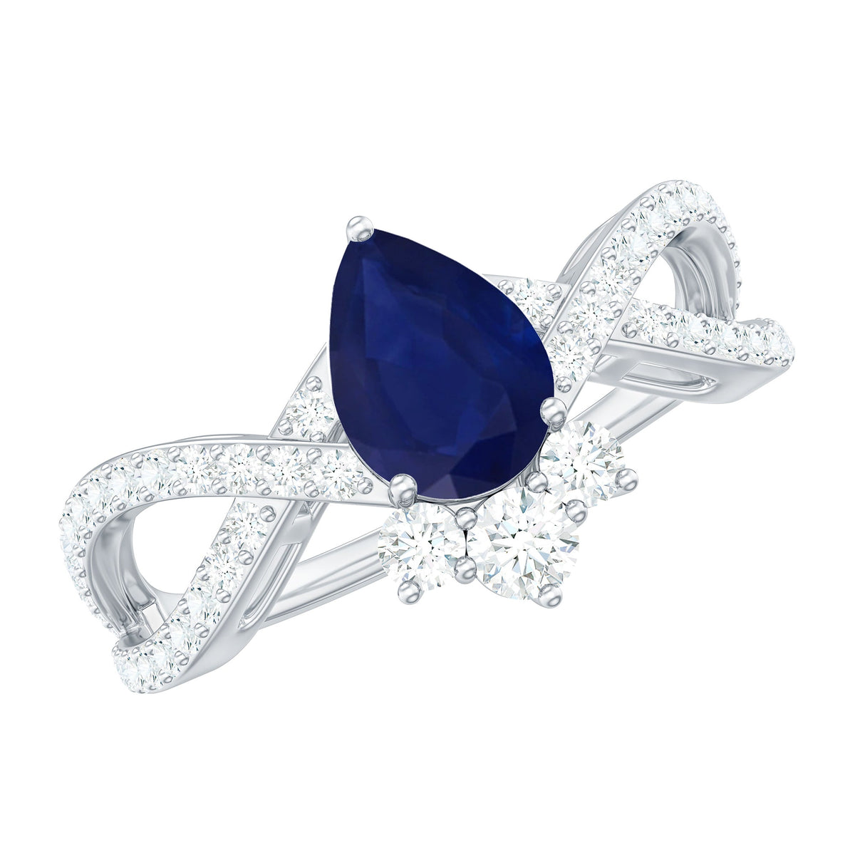 Pear-shaped blue sapphire engagement ring with diamond crossover by Rosec Jewels, featuring a 0.5 carat sapphire center stone.