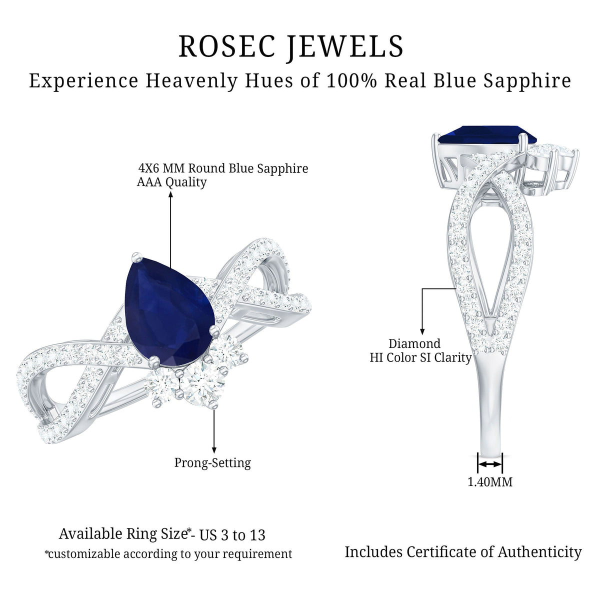 Pear-shaped blue sapphire engagement ring with diamond crossover design by Rosec Jewels, featuring a real 0.5 carat sapphire.