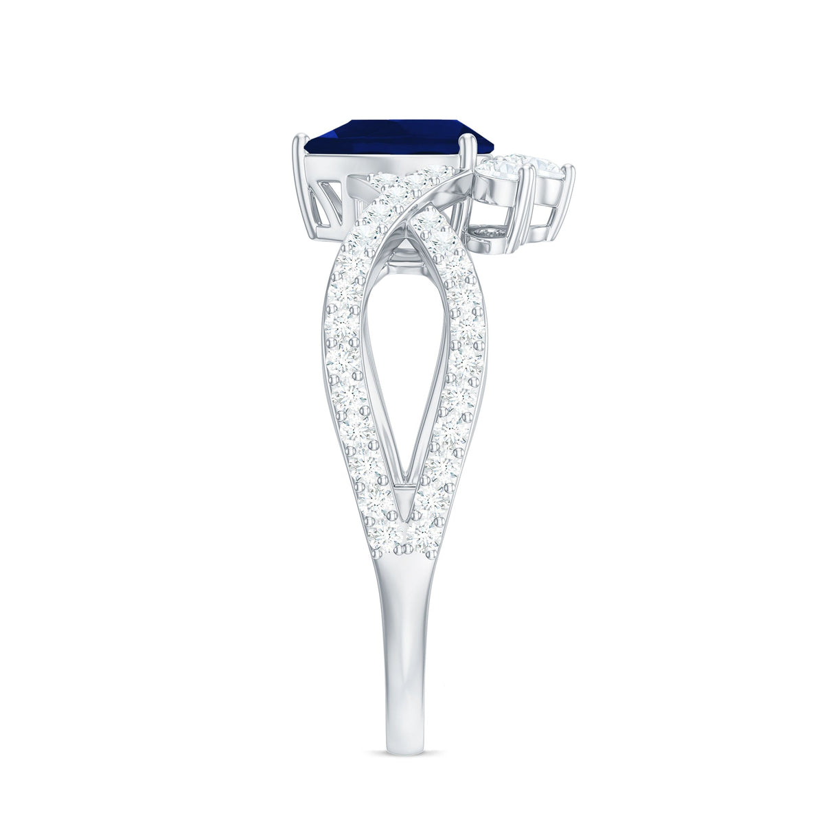 Pear-shaped blue sapphire engagement ring with diamond crossover detail, featuring a 0.5 carat sapphire centerpiece by Rosec Jewels