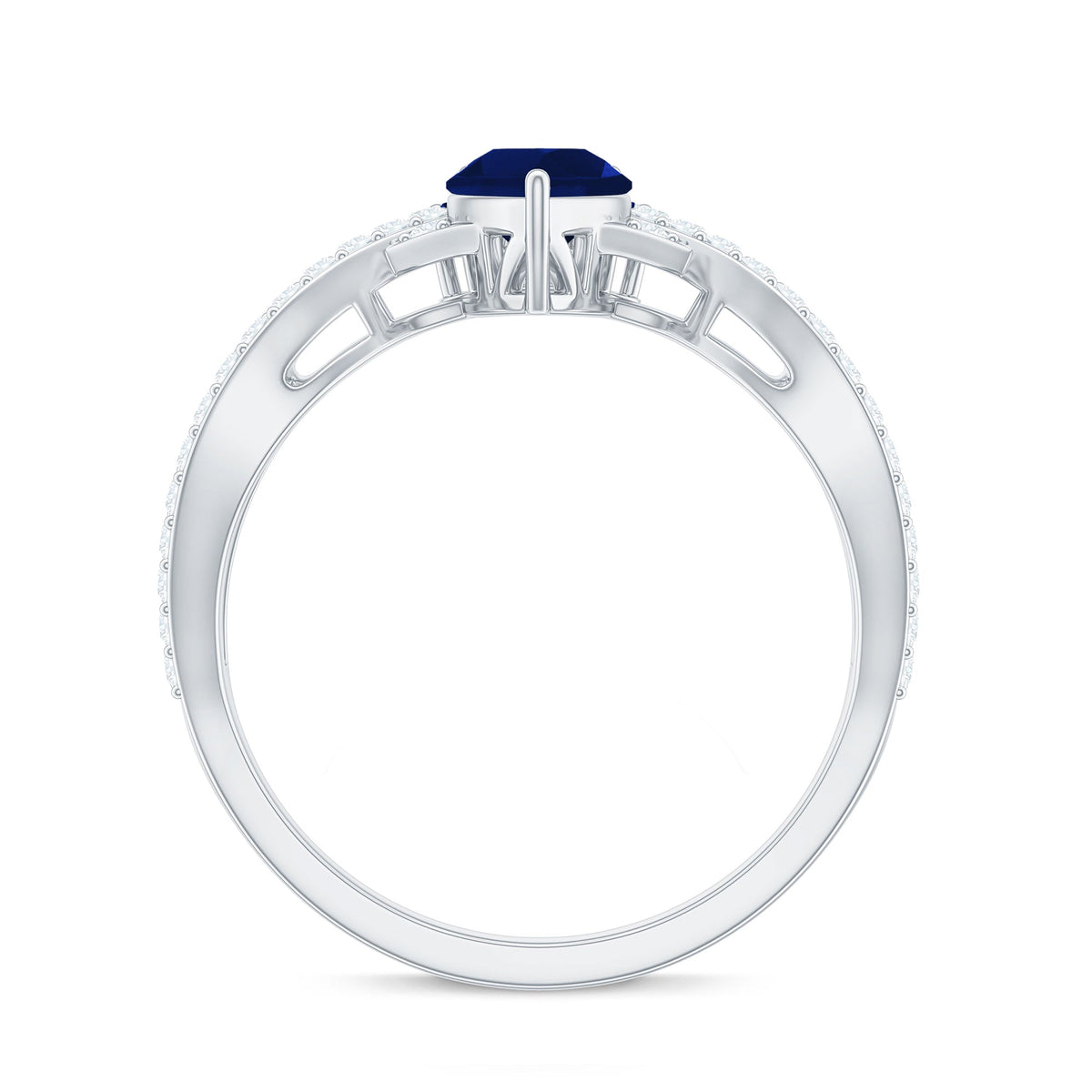 Pear-shaped blue sapphire engagement ring with diamond crossover design by Rosec Jewels, featuring a 0.5 carat sapphire centerpiece.