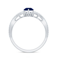 Pear-shaped blue sapphire engagement ring with diamond crossover design by Rosec Jewels, featuring a 0.5 carat sapphire centerpiece.