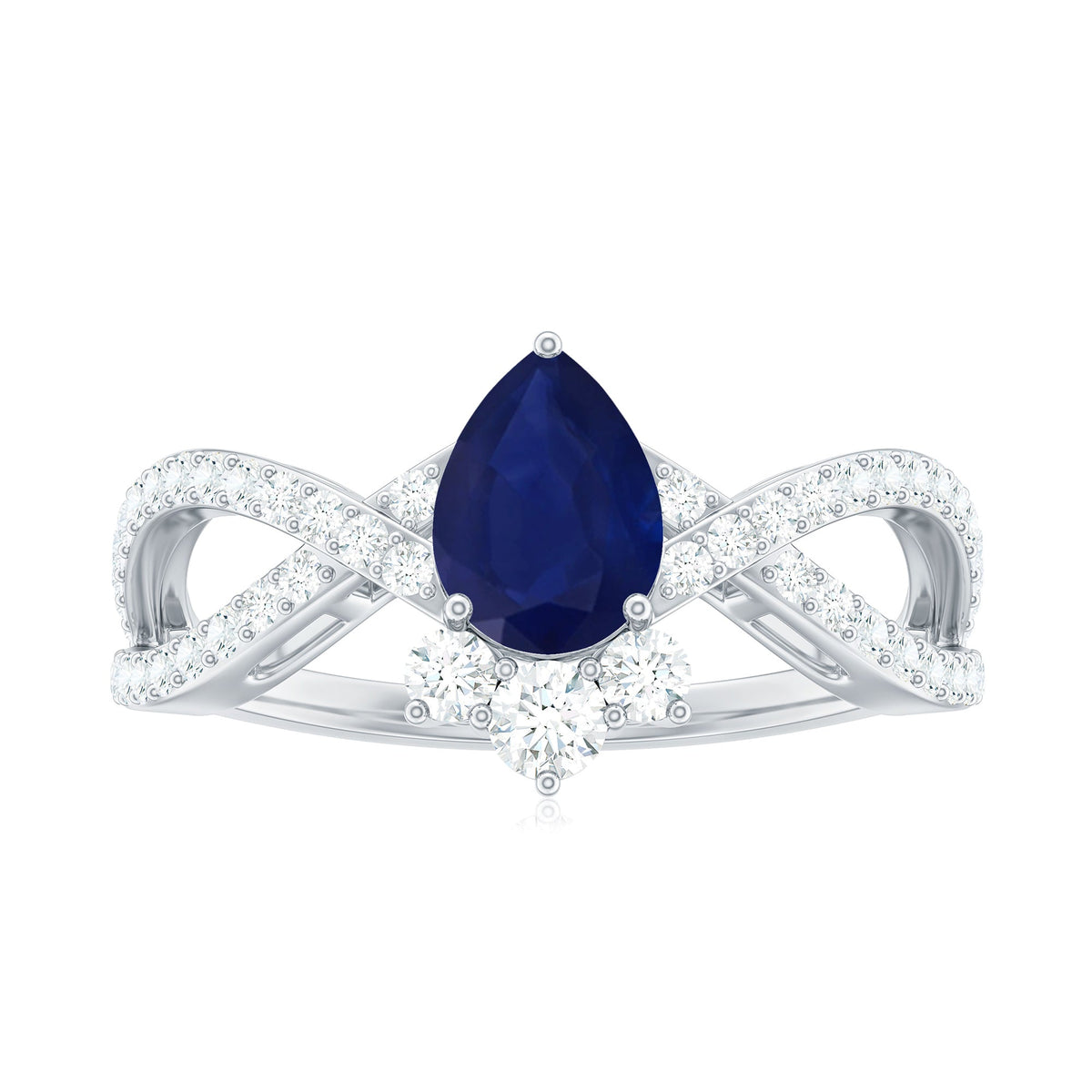 Pear-shaped blue sapphire engagement ring with diamond crossover detail, set in a elegant ring from Rosec Jewels.