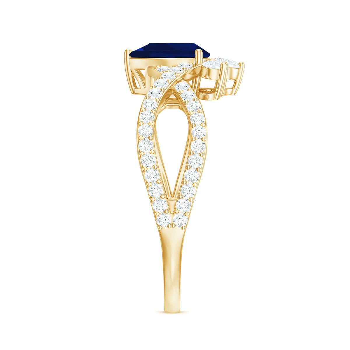 Pear-shaped blue sapphire engagement ring with diamond crossover setting by Rosec Jewels, featuring a real 0.5 carat sapphire and diamonds.