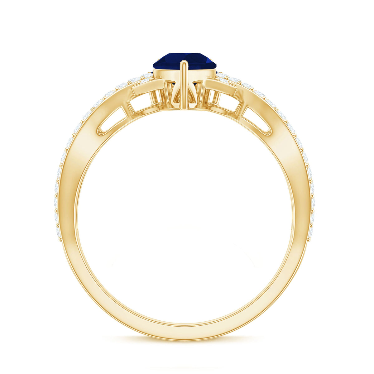 Pear-shaped blue sapphire engagement ring with diamond crossover setting by Rosec Jewels, showing the detailed design and sparkling gems.