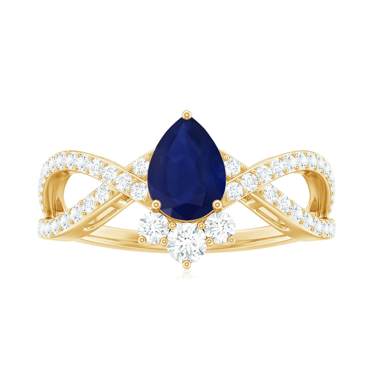 Pear-shaped blue sapphire engagement ring with diamond crossover design by Rosec Jewels, showcasing a sparkling blue gemstone and intricate band.