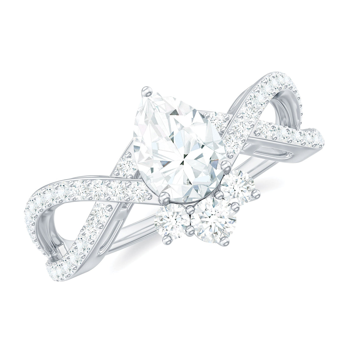 Pear-shaped moissanite crossover engagement ring by Rosec Jewels featuring a designer ring with sparkling stones and intricate band design.