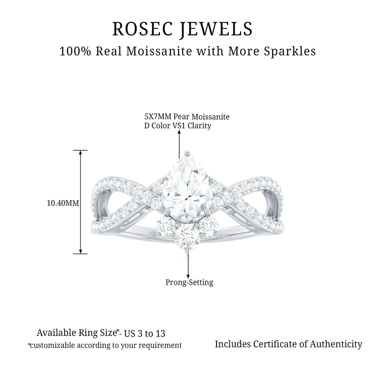 Pear-shaped moissanite crossover engagement ring by Rosec Jewels featuring a designer diamond-inspired ring design.