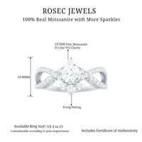 Pear-shaped moissanite crossover engagement ring by Rosec Jewels featuring a designer diamond-inspired ring design.