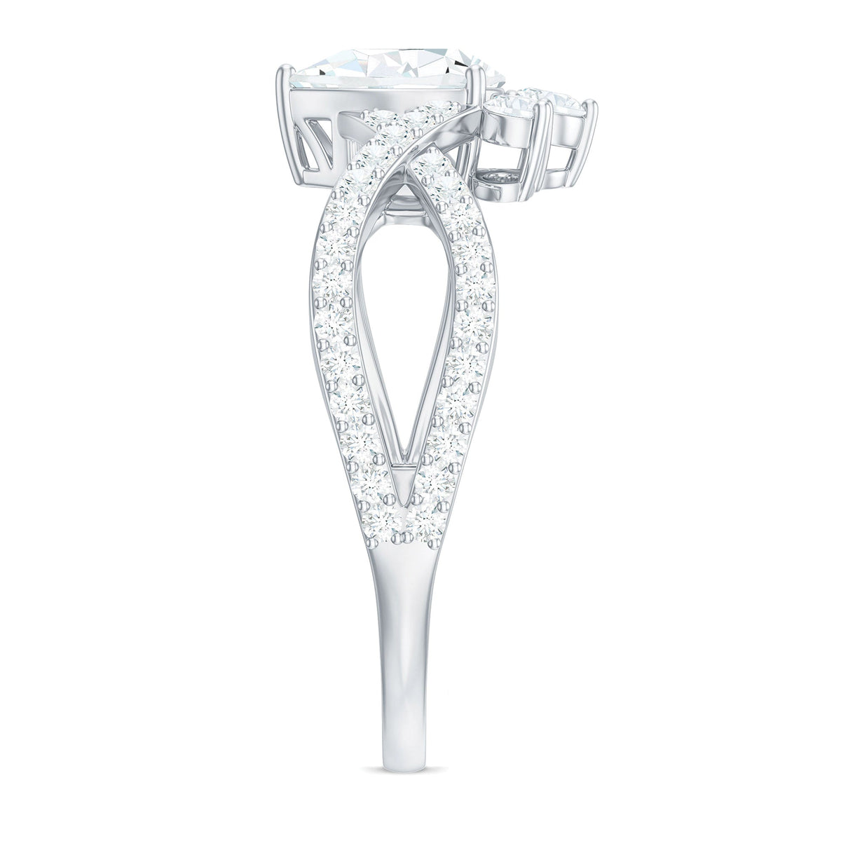 Pear-shaped moissanite crossover engagement ring by Rosec Jewels featuring a designer diamond ring with intricate band details