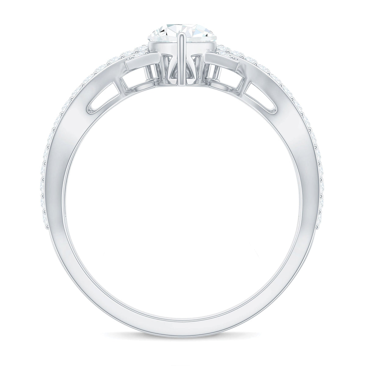 Pear-shaped moissanite engagement ring with crossover design by Rosec Jewels, showcasing a sparkling center stone and elegant band.