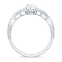 Pear-shaped moissanite engagement ring with crossover design by Rosec Jewels, showcasing a sparkling center stone and elegant band.