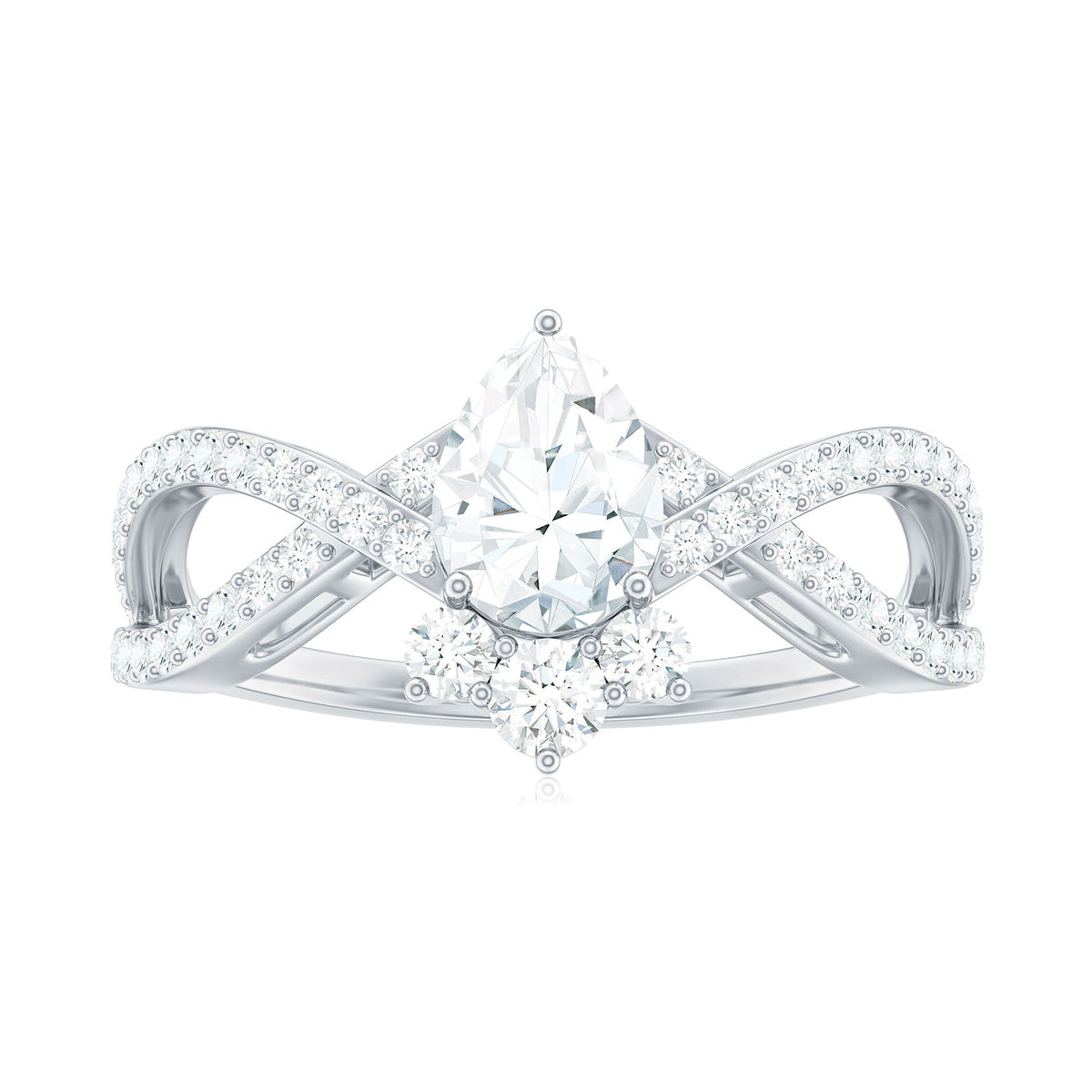 Pear-shaped moissanite crossover engagement ring by Rosec Jewels featuring a detailed band and sparkling central gemstone.