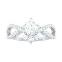 Pear-shaped moissanite crossover engagement ring by Rosec Jewels featuring a detailed band and sparkling central gemstone.