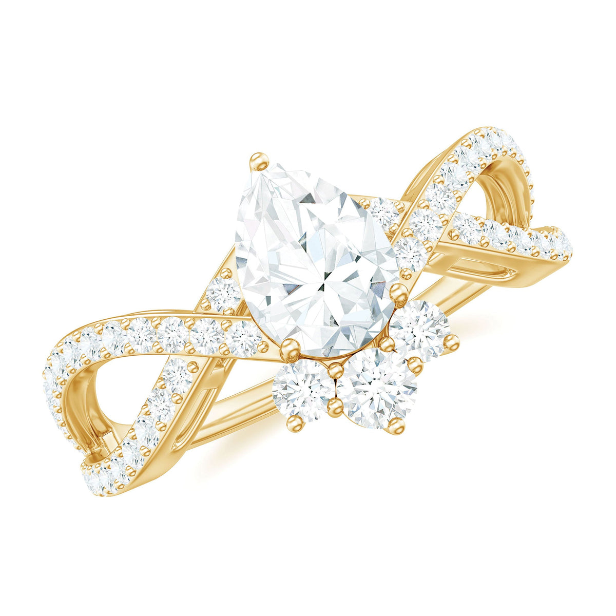 Pear-shaped moissanite crossover engagement ring by Rosec Jewels featuring a designer diamond-style ring in silver-tone metal.