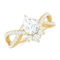 Pear-shaped moissanite crossover engagement ring by Rosec Jewels featuring a designer diamond-style ring in silver-tone metal.