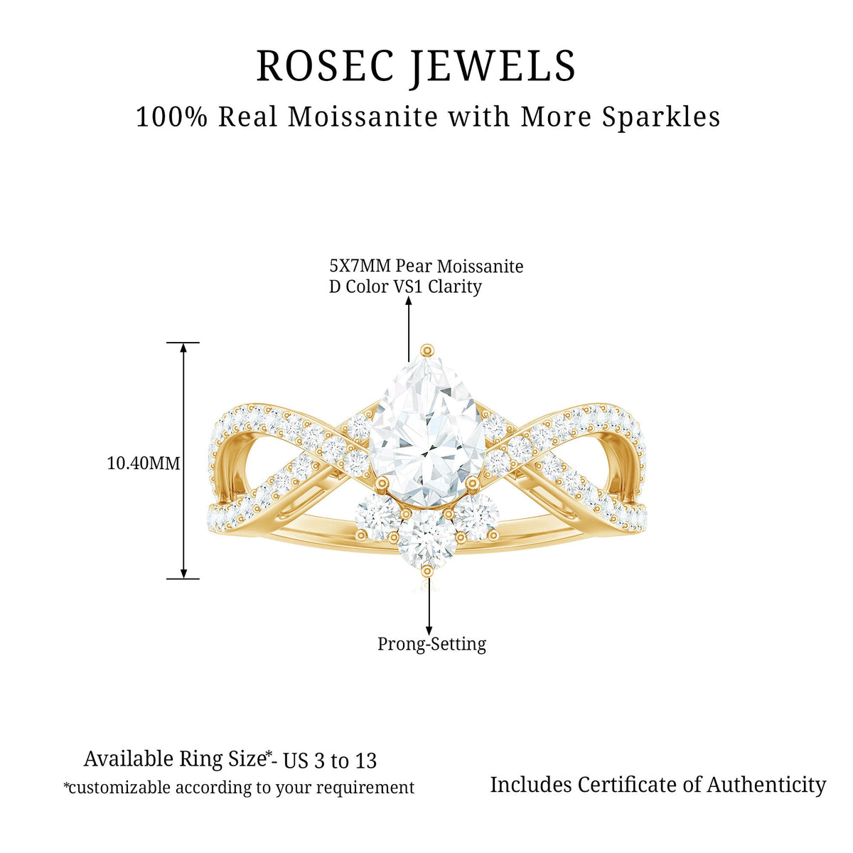 Pear-shaped moissanite crossover engagement ring with intricate design, set in a rose gold band by Rosec Jewels.