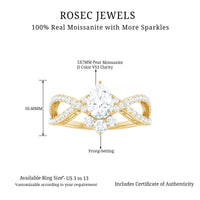Pear-shaped moissanite crossover engagement ring with intricate design, set in a rose gold band by Rosec Jewels.