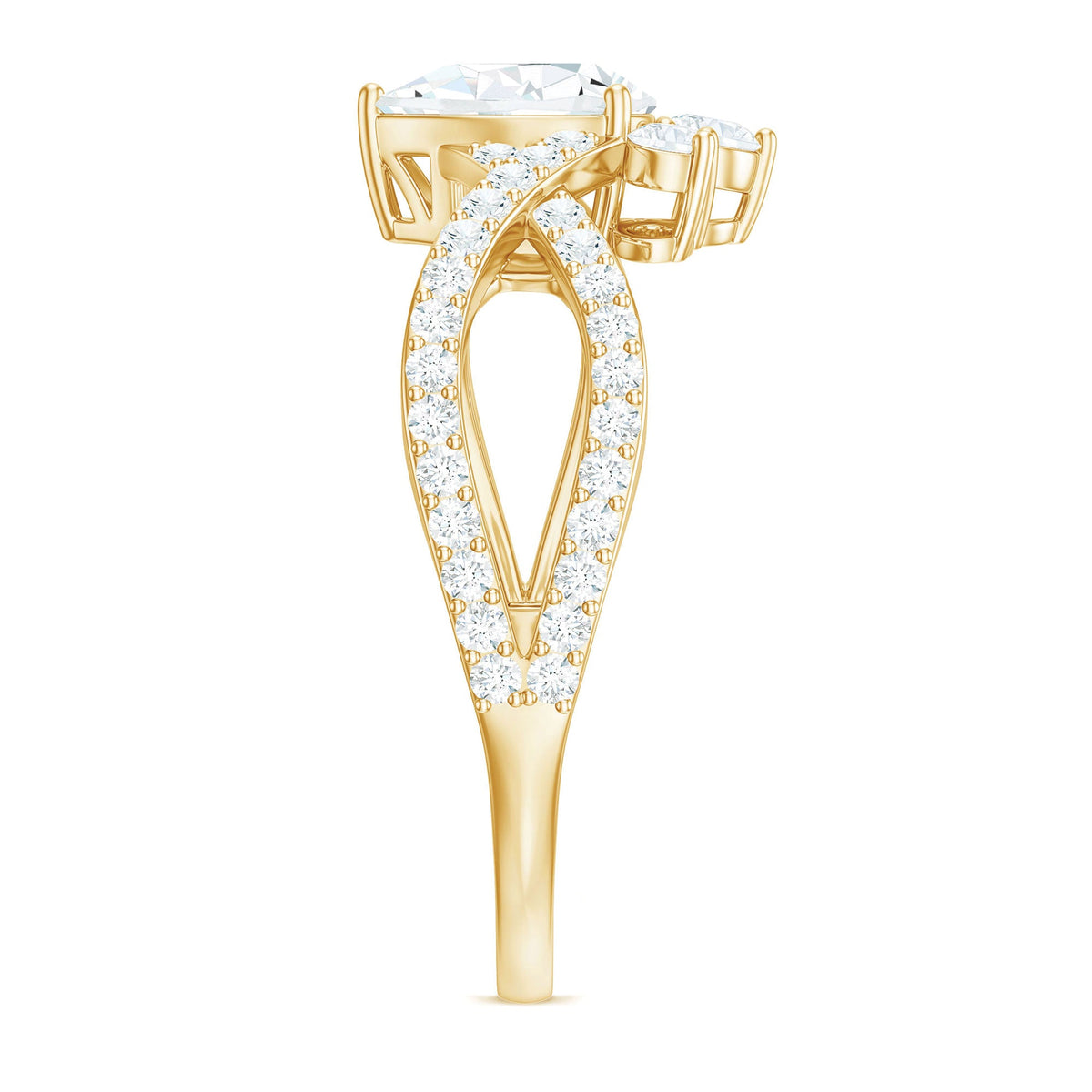 Pear-shaped moissanite crossover engagement ring by Rosec Jewels featuring a designer ring with intricate band design.