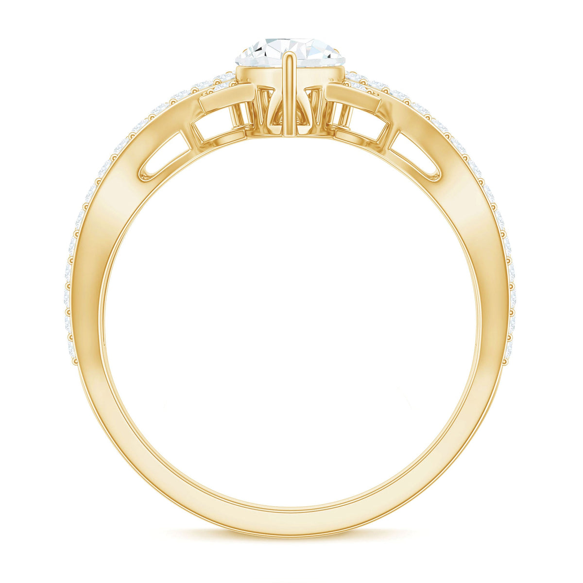 Pear-shaped moissanite crossover engagement ring by Rosec Jewels featuring a designer diamond ring design.