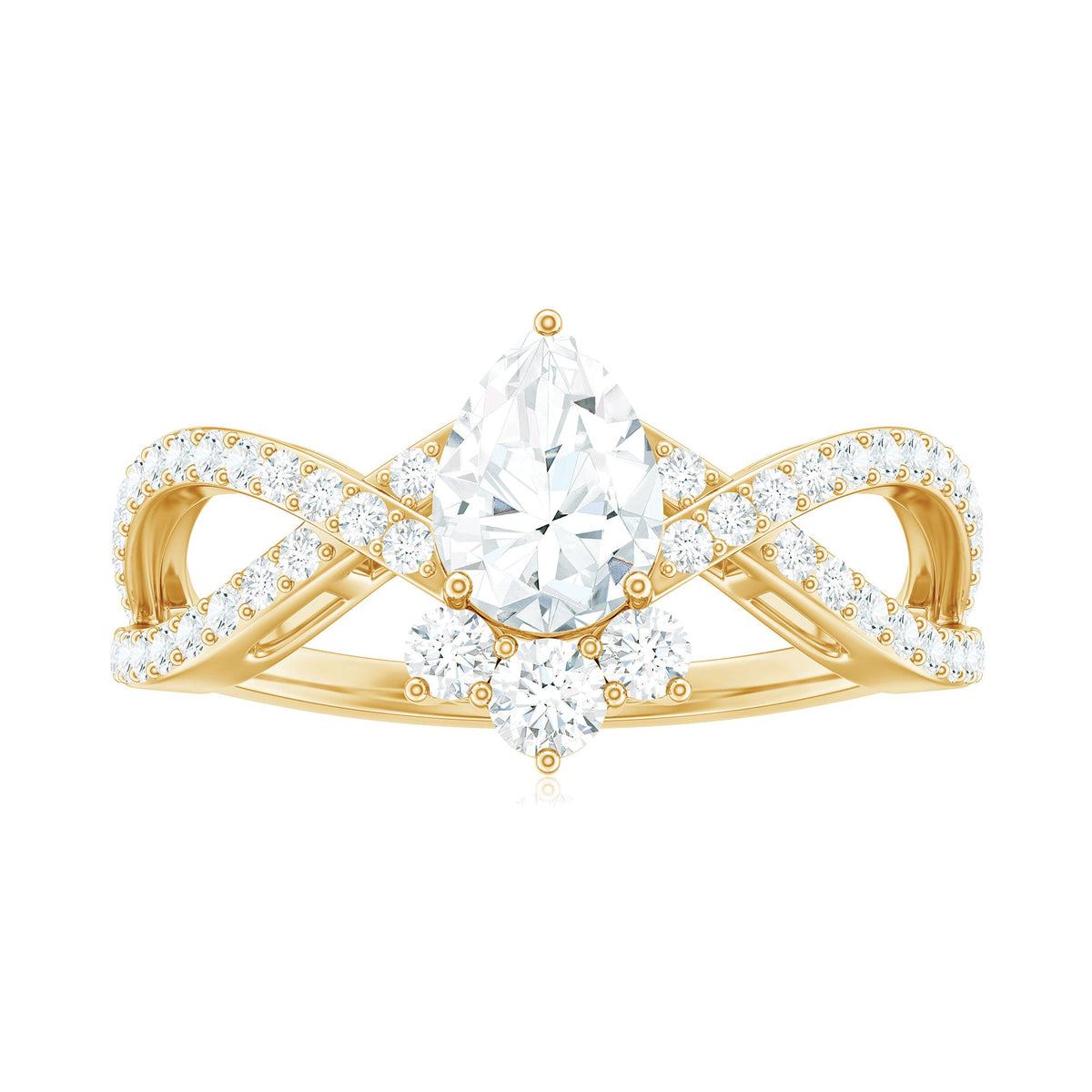 Pear-shaped moissanite crossover engagement ring by Rosec Jewels featuring a designer pear-shaped moissanite centerpiece and intricate band details.