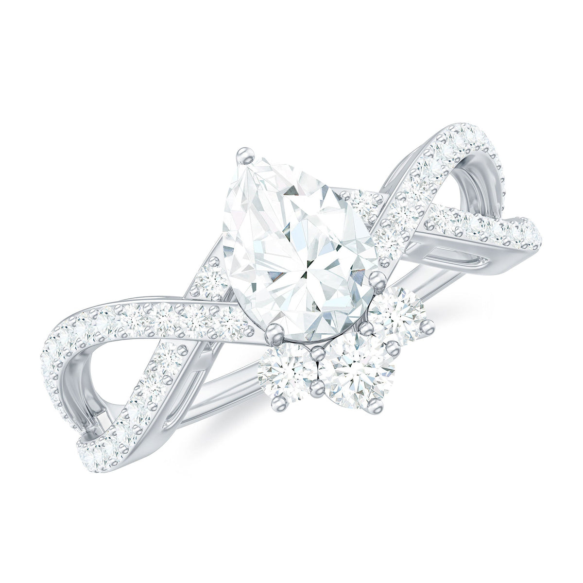 Two-carat pear-cut cubic zirconia crossover engagement ring by Rosec Jewels, showcasing sparkling stones and intricate band design.