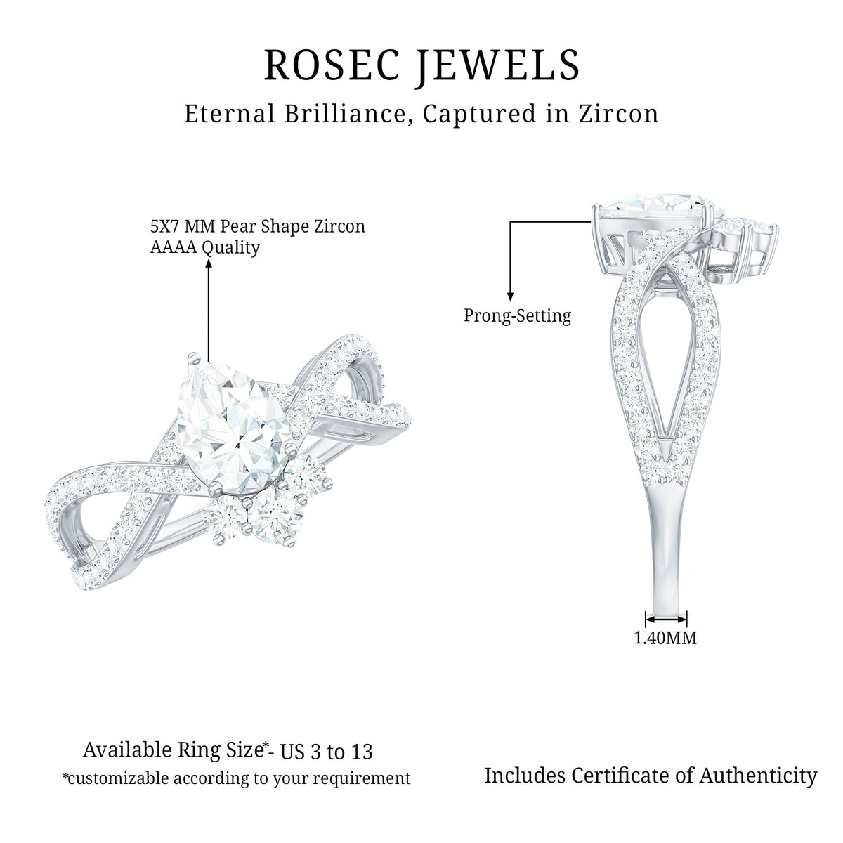 Pear cut cubic zirconia crossover engagement ring by Rosec Jewels featuring two carats of sparkling stones on a sleek band