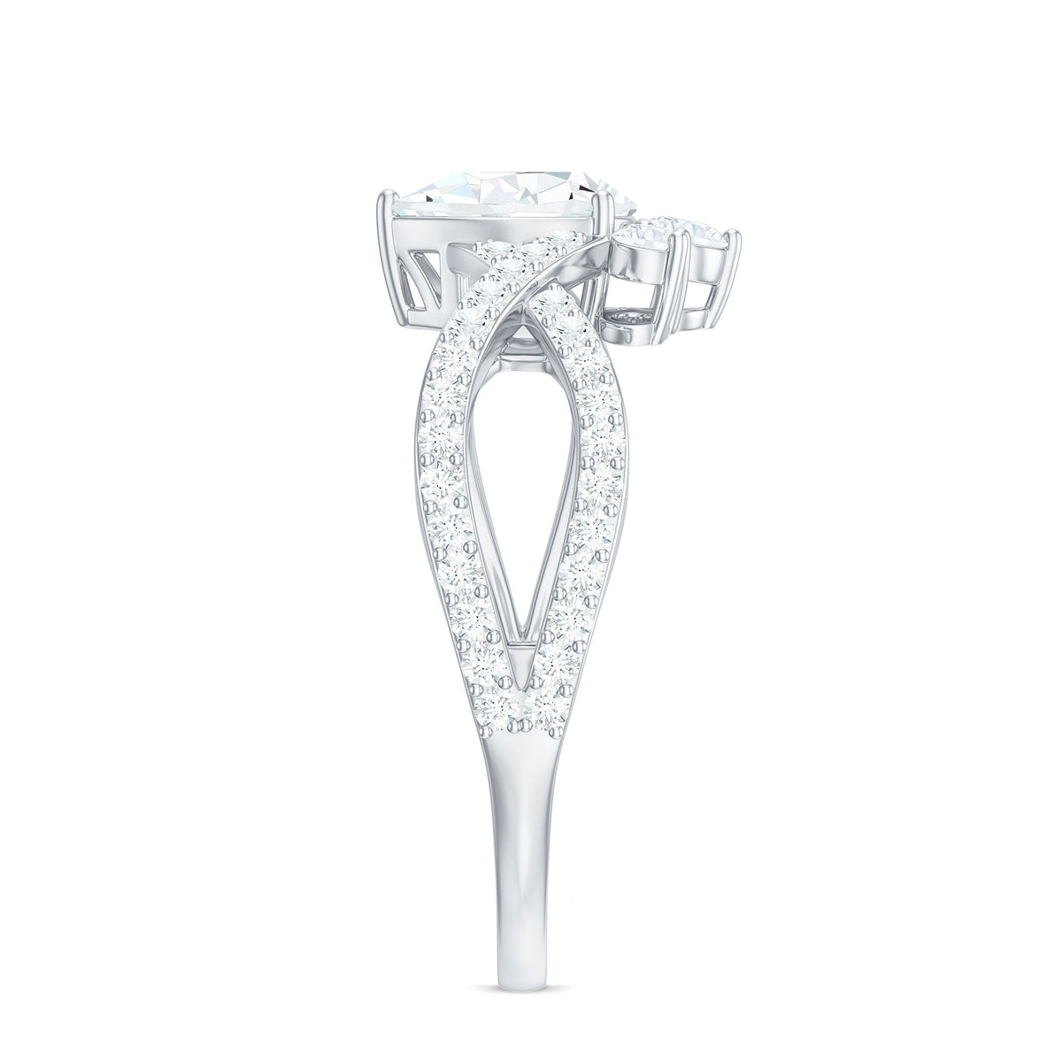 Rosec Jewels 2 CT pear cut cubic zirconia crossover engagement ring showing sparkling pear-shaped stones and sleek band design.