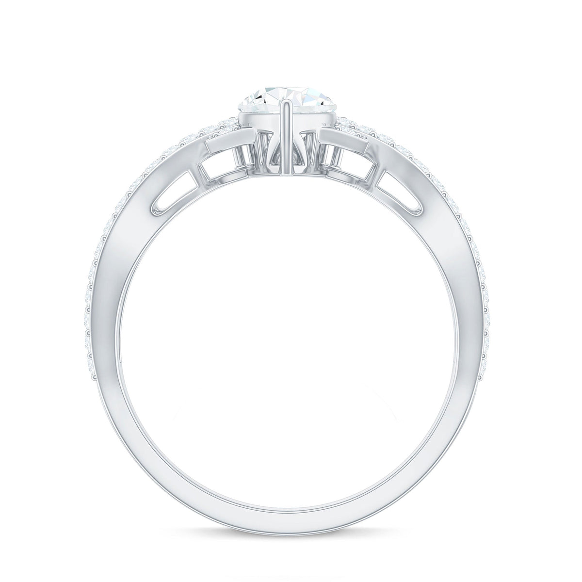 Pear cut cubic zirconia crossover engagement ring by Rosec Jewels, showcasing two sparkling stones in a sleek band.