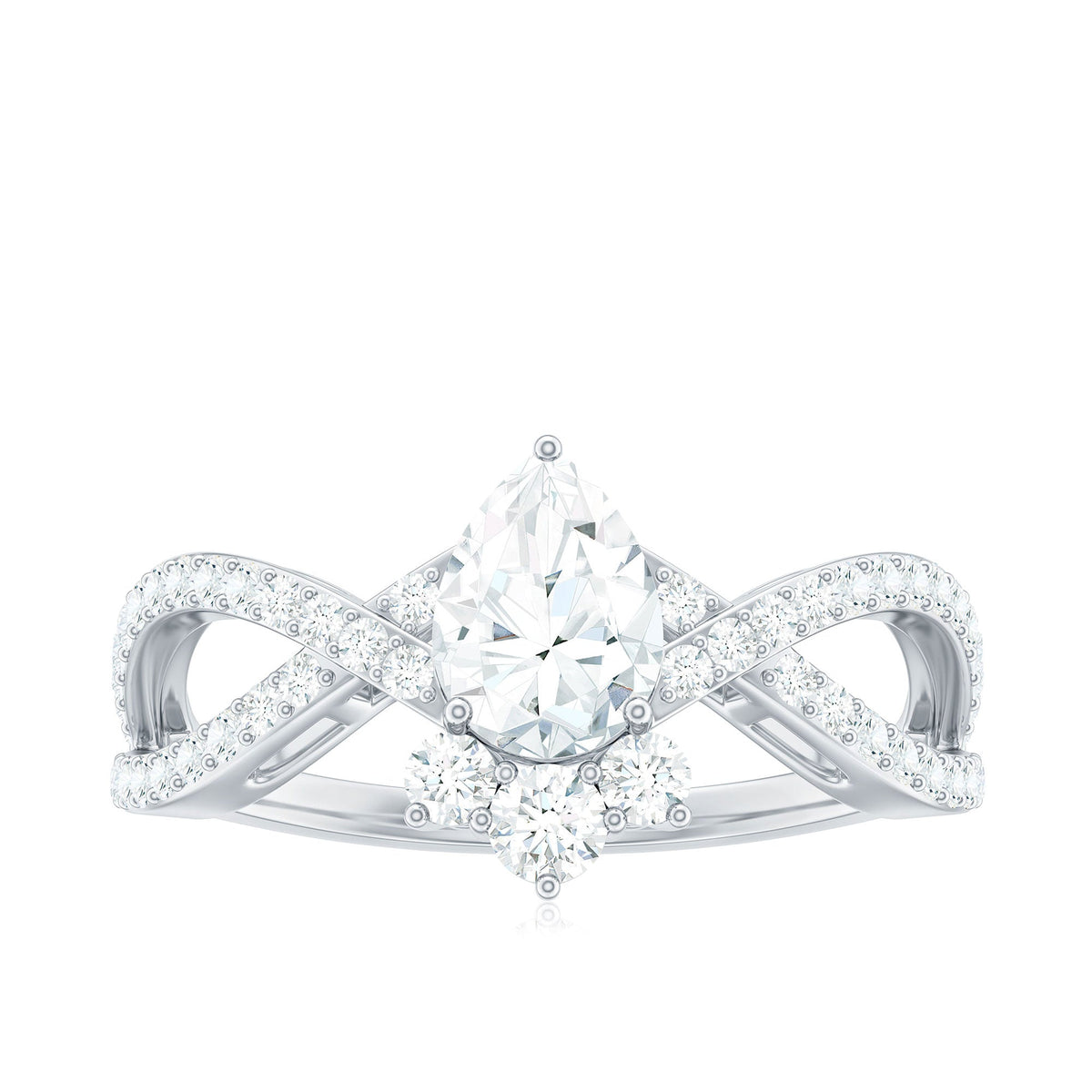 Pear cut cubic zirconia crossover engagement ring by Rosec Jewels, showcasing a sparkling 2-carat design with intricate band details.
