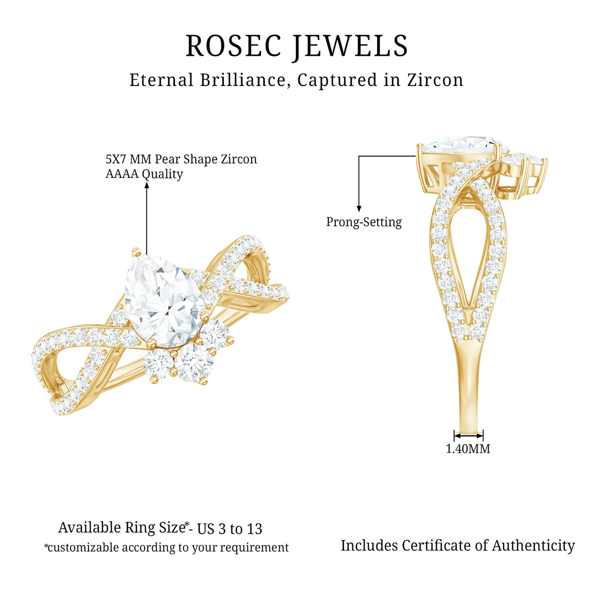 Pear cut cubic zirconia crossover engagement ring in silver tone from Rosec Jewels, showcasing polished band and sparkling stones.