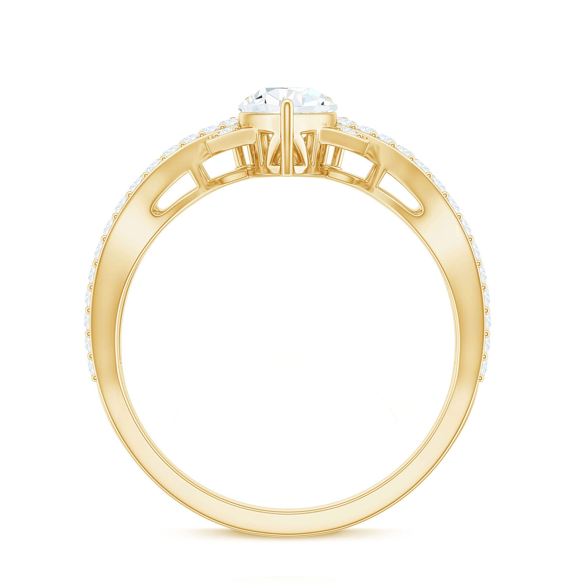 Pear cut cubic zirconia crossover engagement ring in silver-tone metal, showcasing elegant design and sparkling stones.
