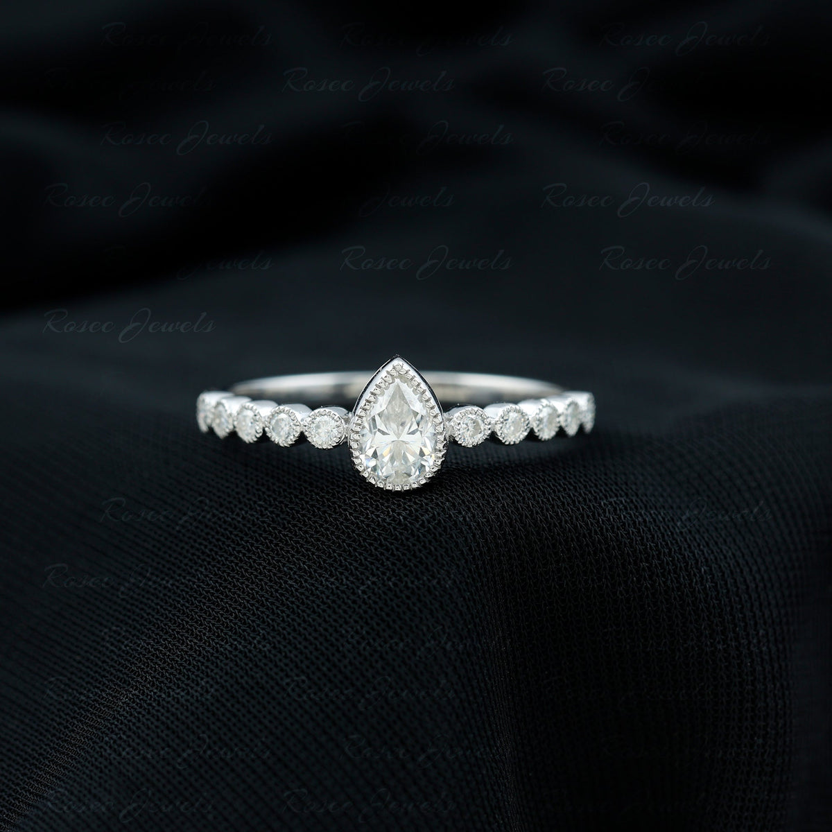 Beaded Bezel Set Moissanite Pear Engagement Ring
