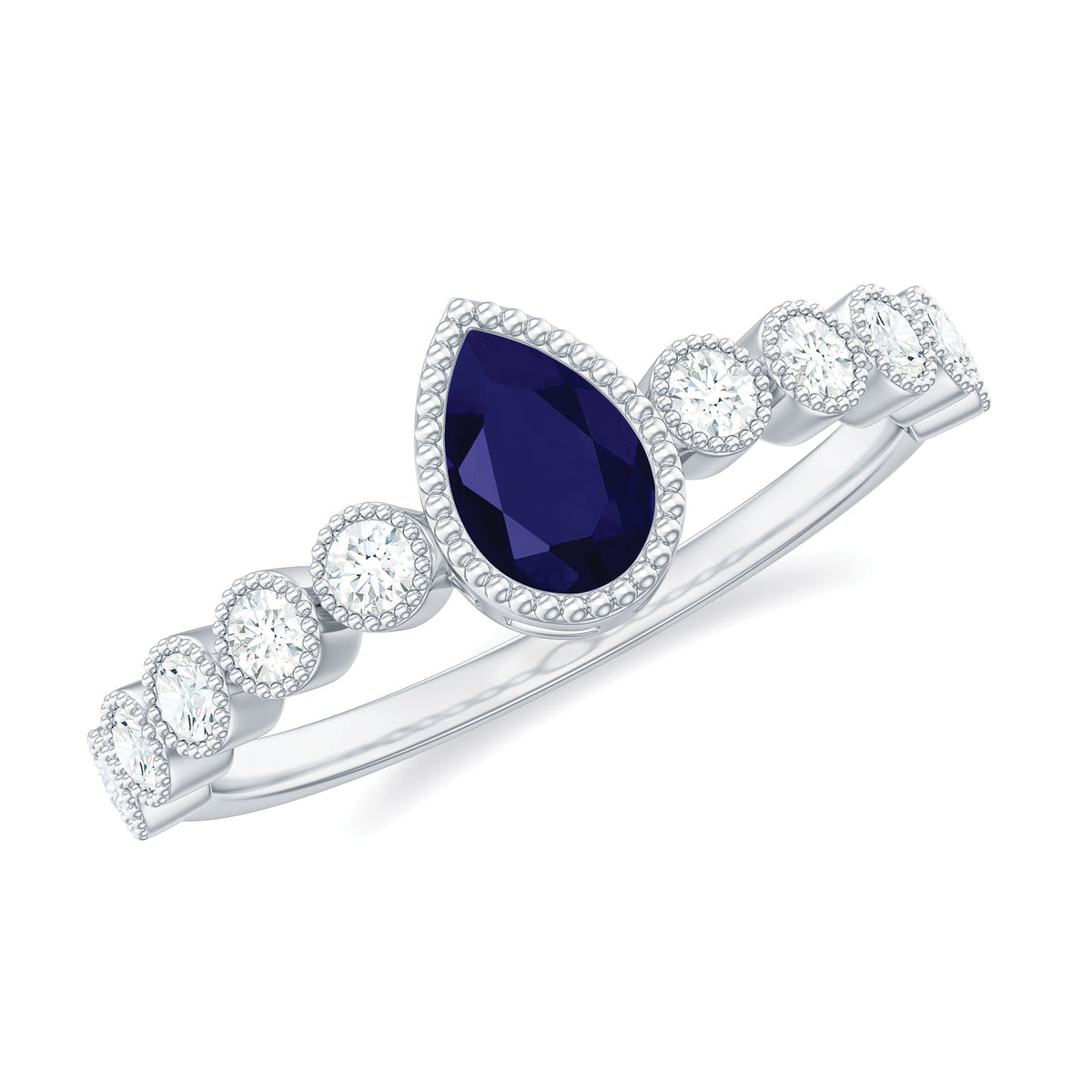 Pear cut 0.5 carat blue sapphire engagement ring with diamonds by Rosec Jewels, showcasing the elegant ring setting.