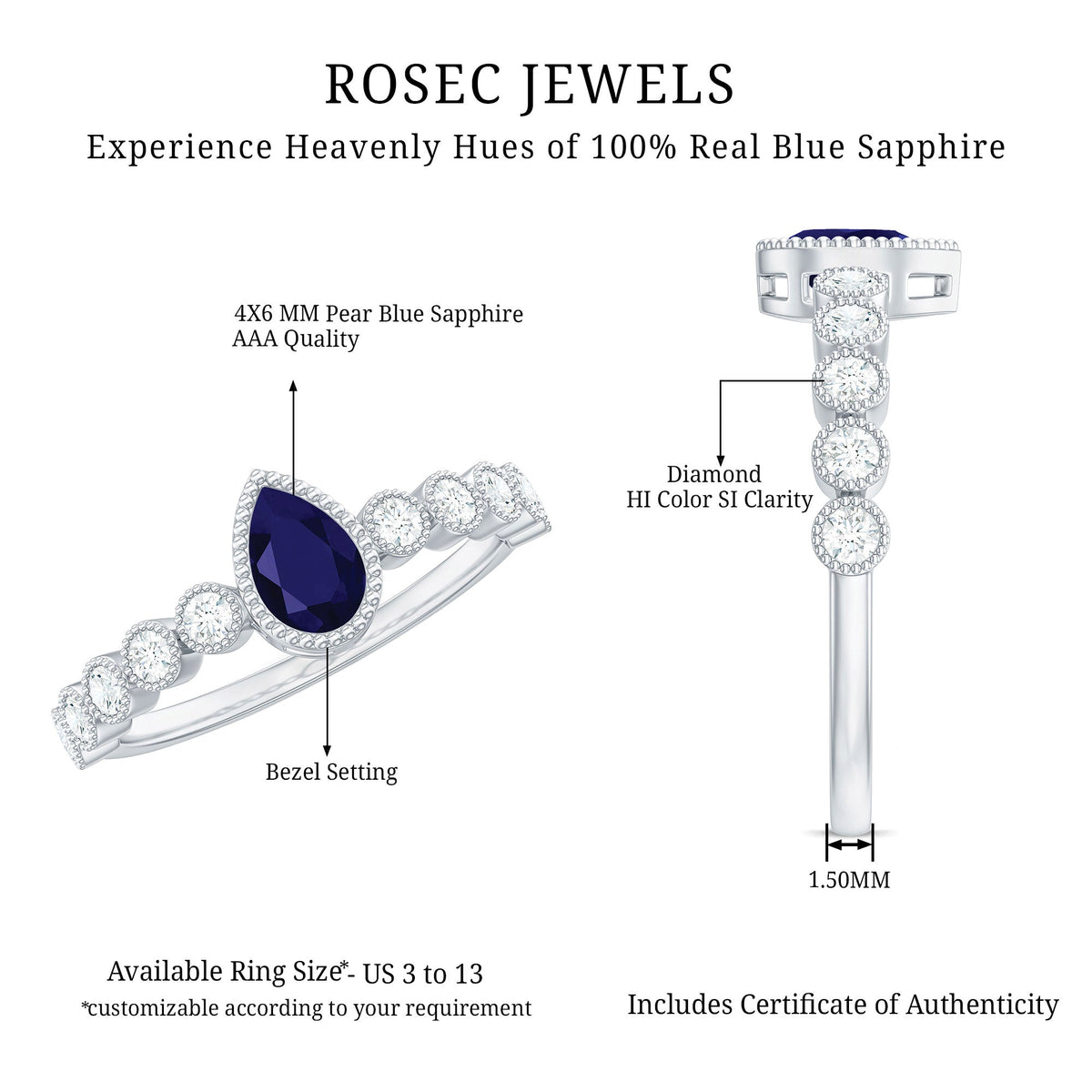 Pear cut 0.5 carat blue sapphire engagement ring with diamonds, showcasing a Rosec Jewels rings design with intricate details.