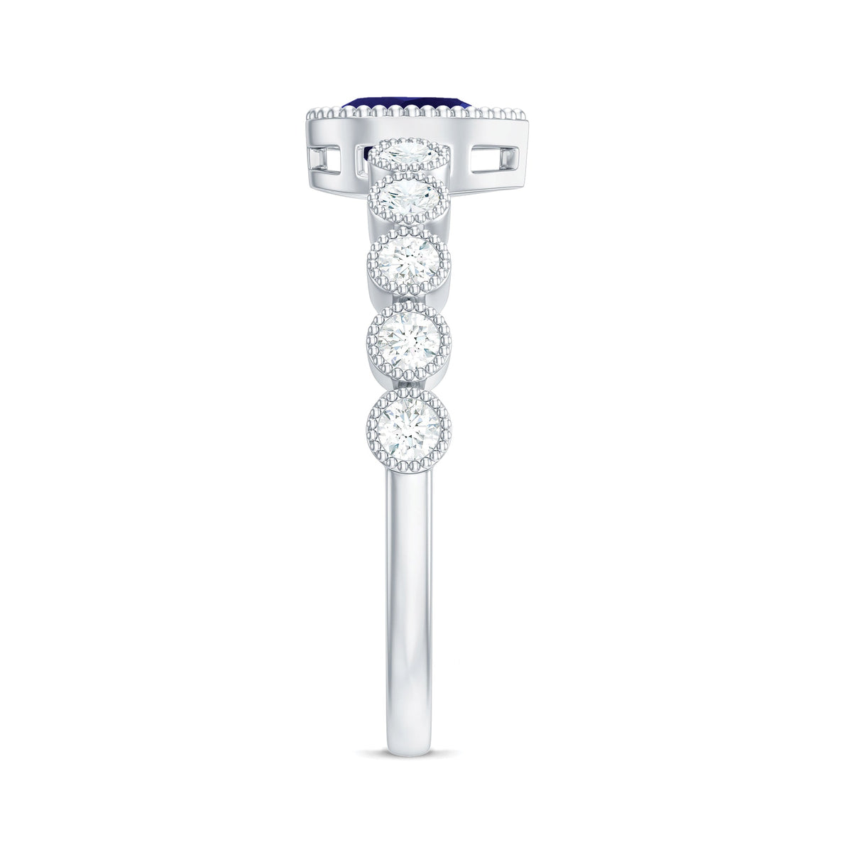 Pear cut 0.5 carat blue sapphire engagement ring with diamonds by Rosec Jewels, featuring a delicate band and sparkling gemstones.