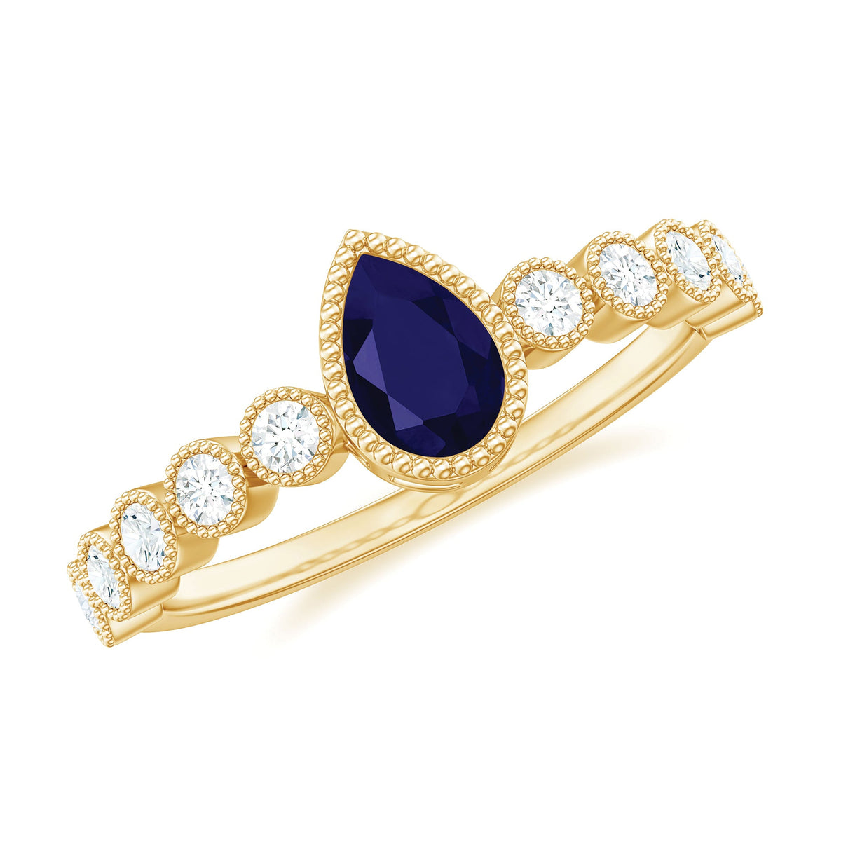 Pear cut 0.5 carat blue sapphire engagement ring with diamonds from Rosec Jewels, showcasing the elegant gemstone and sparkling accents.