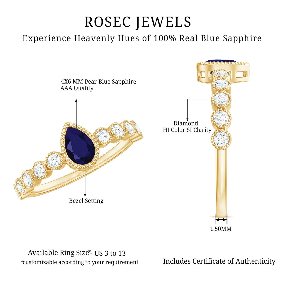 Pear cut 0.5 carat blue sapphire engagement ring with diamonds from Rosec Jewels, showcasing a stunning sapphire center and diamond accents.