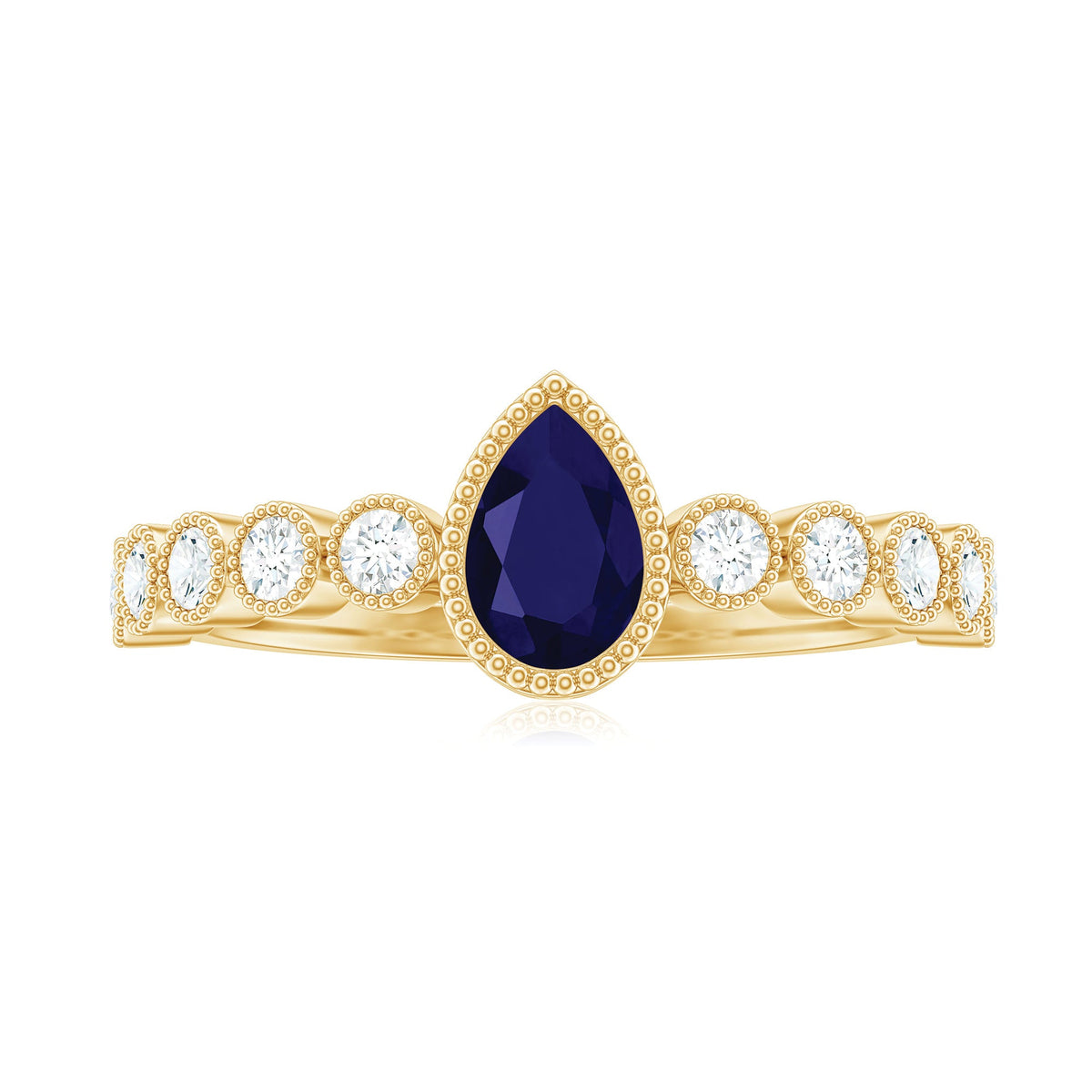 Pear cut 0.5 carat blue sapphire engagement ring with diamonds, featuring a rose gold band from Rosec Jewels.