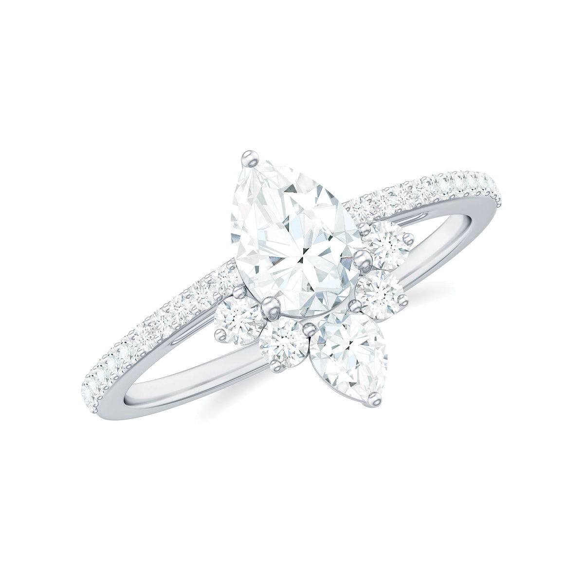 Pear-shaped 0.7 carat moissanite engagement ring with a crown setting from Rosec Jewels, showcasing sparkling gemstone and elegant design.