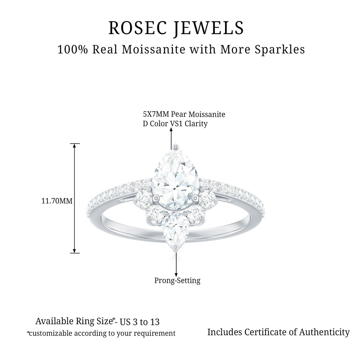 Pear shape 0.7 carat Moissanite engagement ring with a crown setting from Rosec Jewels, featuring sparkling stone and elegant band.